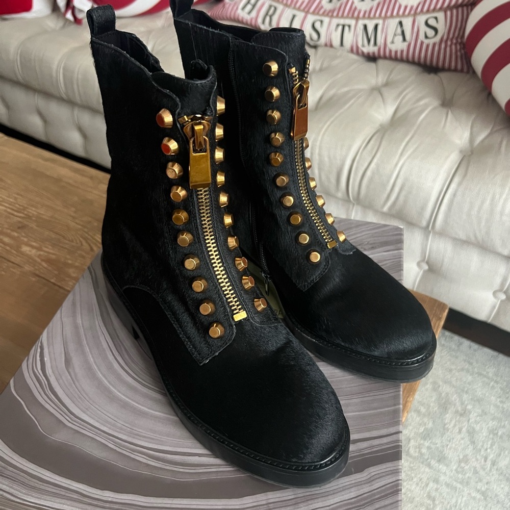 Black Leather Combat Boots with Gold Hardware - Women's